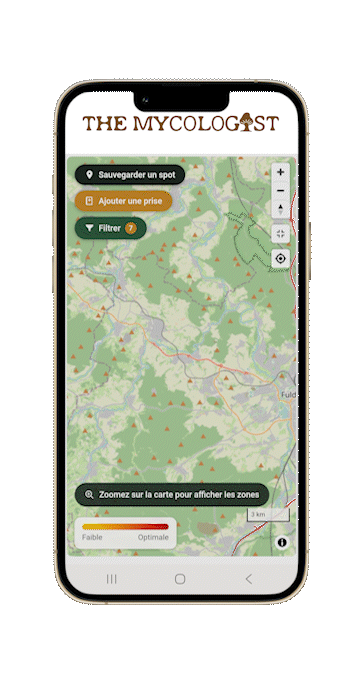 Aperçu animé de l’application The Mycologist : carte des zones et indice de pousse